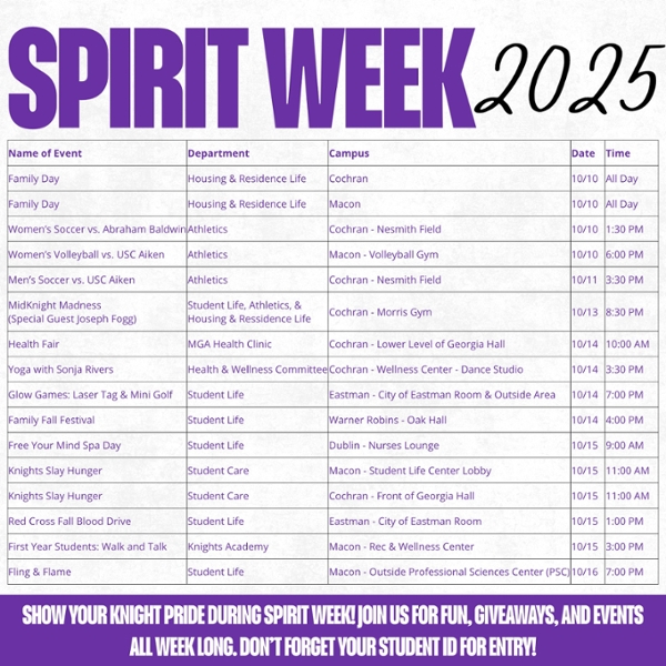 Get ready for Spirit Week, October 10–17! This is your chance to celebrate what it means to be a Knight with a week full of service, fun, athletics, and school spirit.